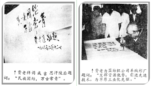 左图:费老深入到蒙古族牧民家中了解情况;右图:伊旗旗委用蒙古族最高礼节摆“羊背子”欢迎费老